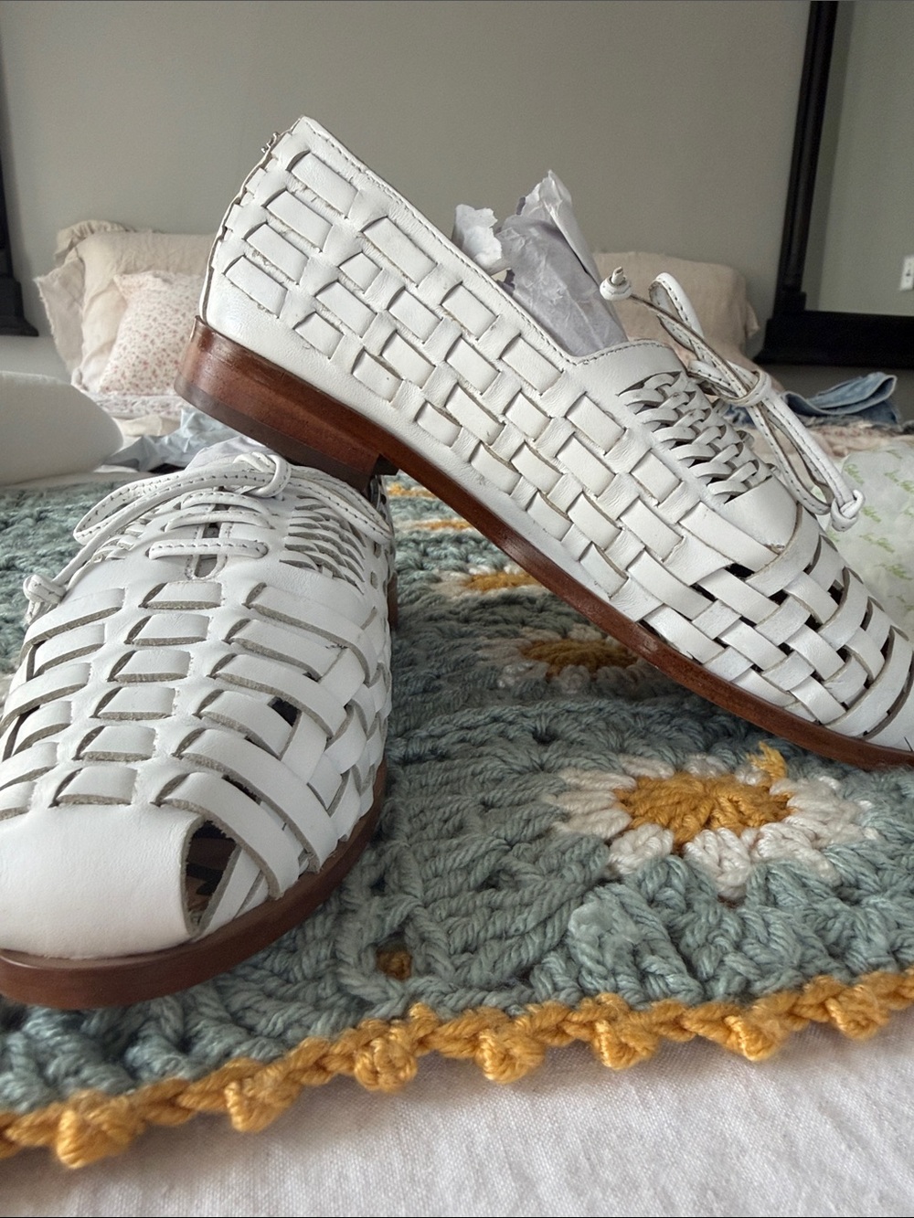 Sam Edelman Rishel White Woven Leather Lace-Up Shoes